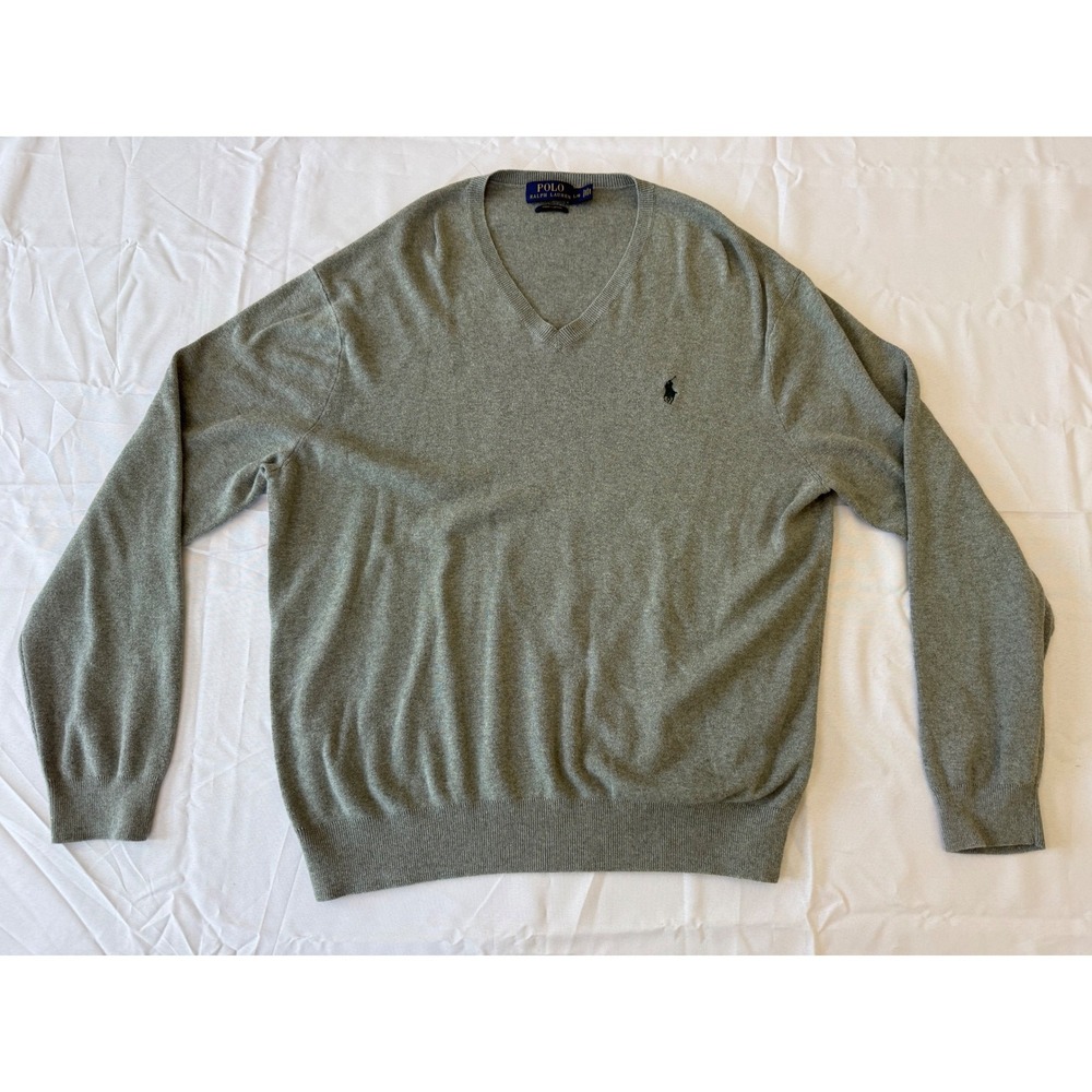 Polo Ralph Lauren V-Neck Sweater Mens Large Grey Pima Cotton Pony Logo Office